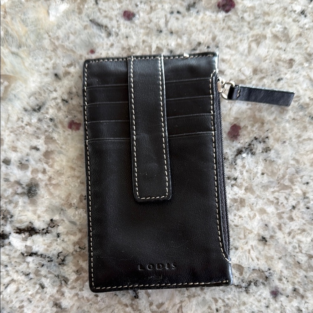 LODIS Black Leather Card Wallet with Zipper Pocket